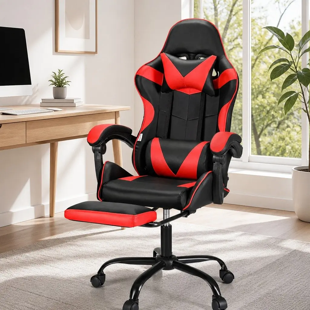 Massage Chair Ergonomic PVC Leather Red Black with Footrest 360 Degree Rotation