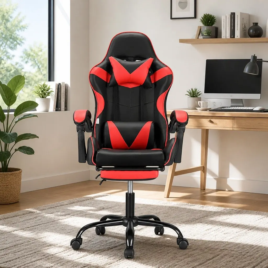 Massage Chair Ergonomic PVC Leather Red Black with Footrest 360 Degree Rotation