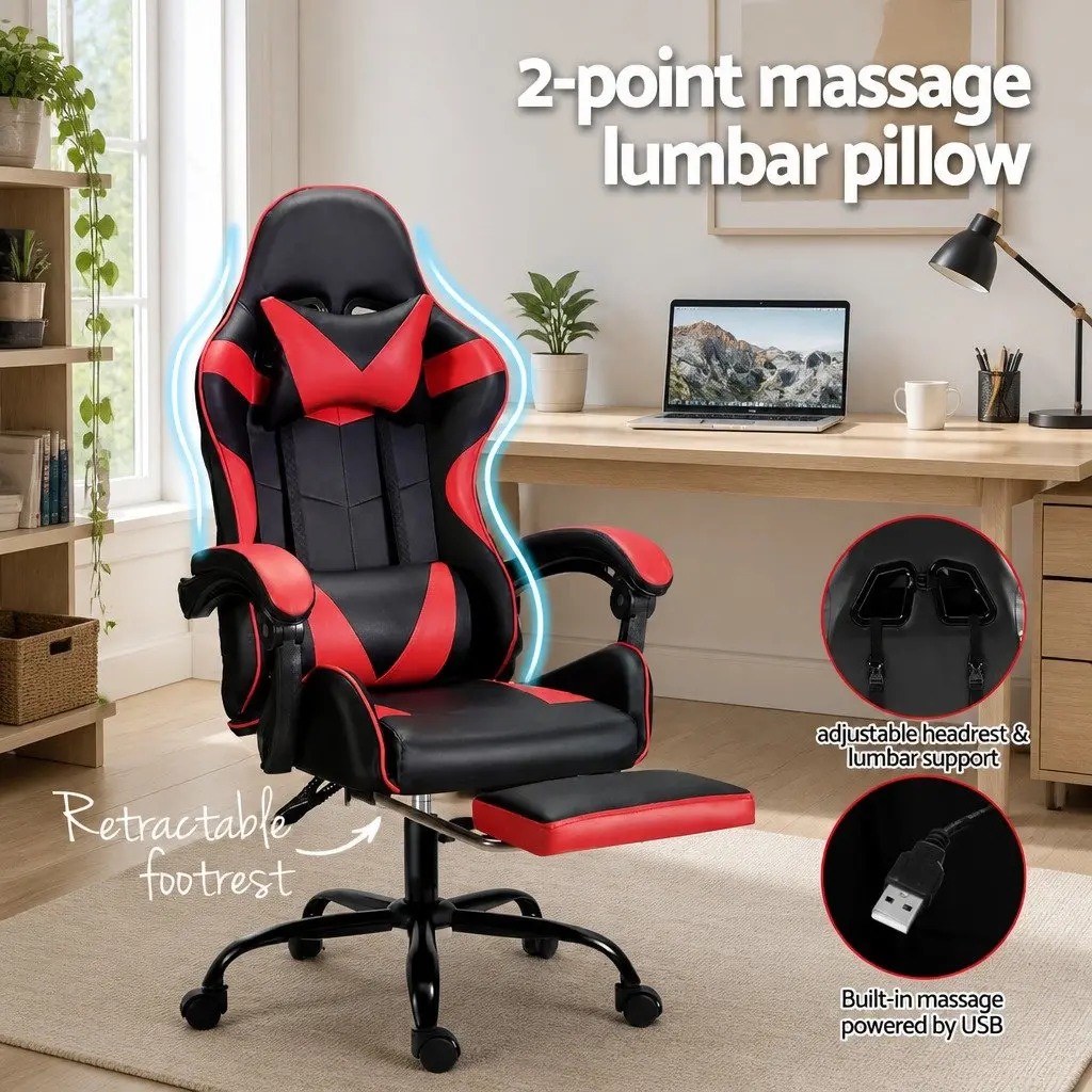 Massage Chair Ergonomic PVC Leather Red Black with Footrest 360 Degree Rotation