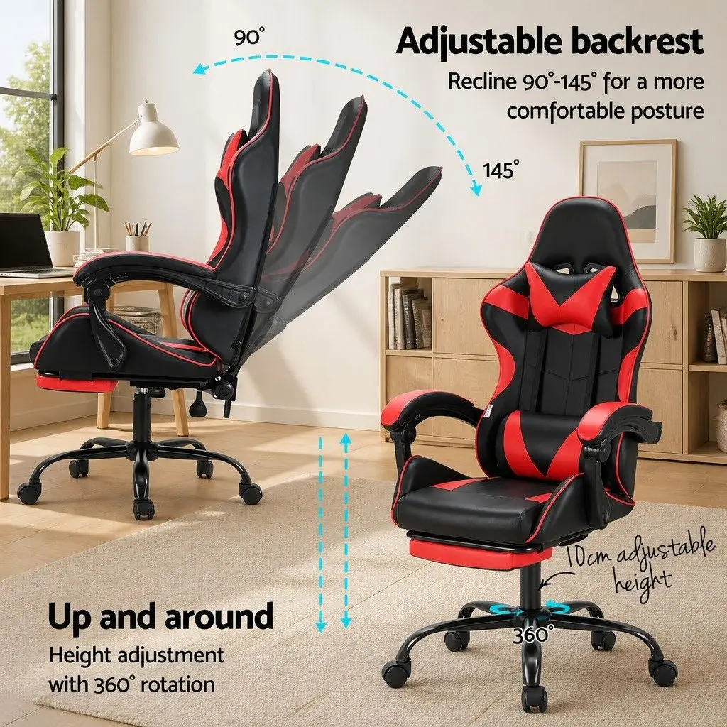 Massage Chair Ergonomic PVC Leather Red Black with Footrest 360 Degree Rotation