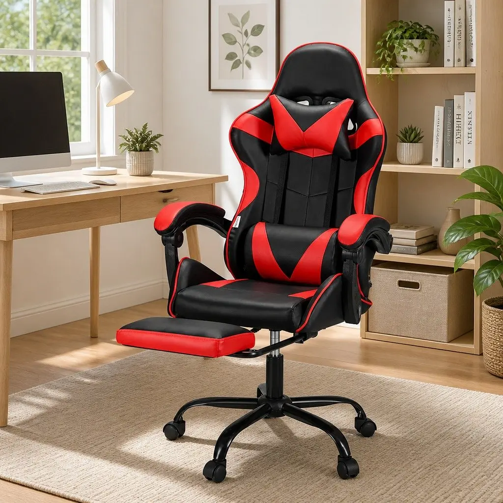 Massage Chair Ergonomic PVC Leather Red Black with Footrest 360 Degree Rotation