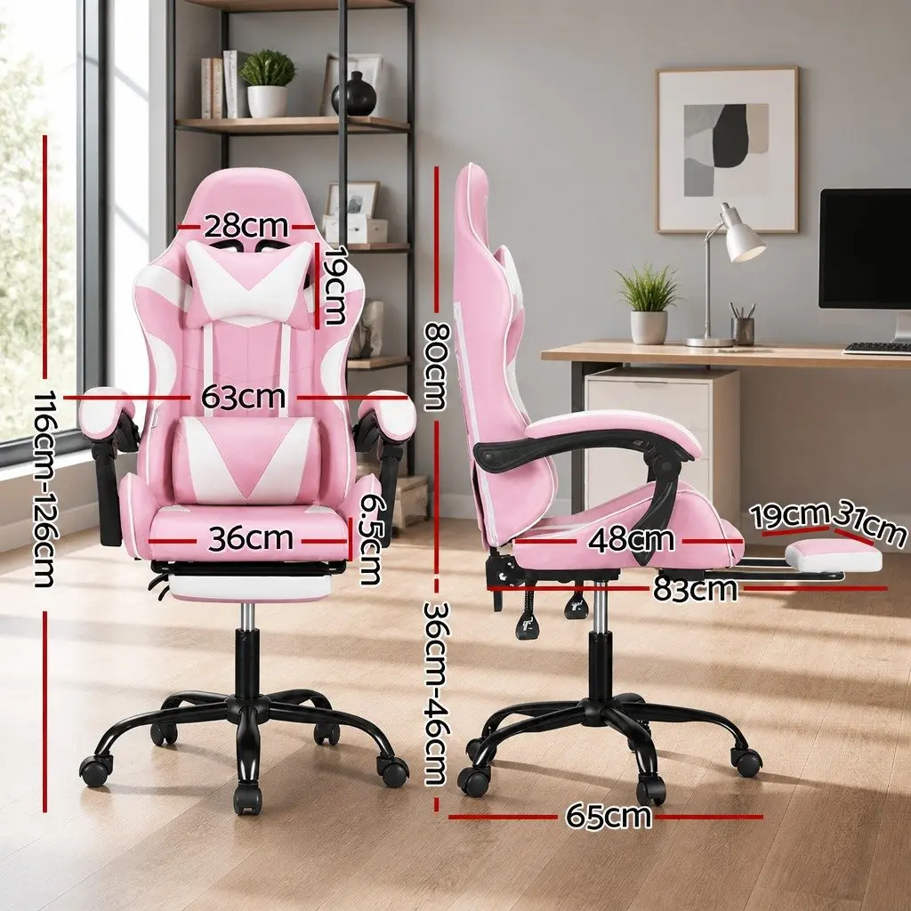 Massage Gaming Office Chair Ergonomic PVC Leather Pink or White with Footrest 2 Point Vibration Lumbar Support