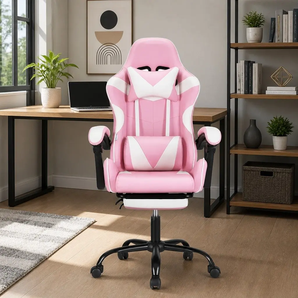 Massage Gaming Office Chair Ergonomic PVC Leather Pink or White with Footrest 2 Point Vibration Lumbar Support