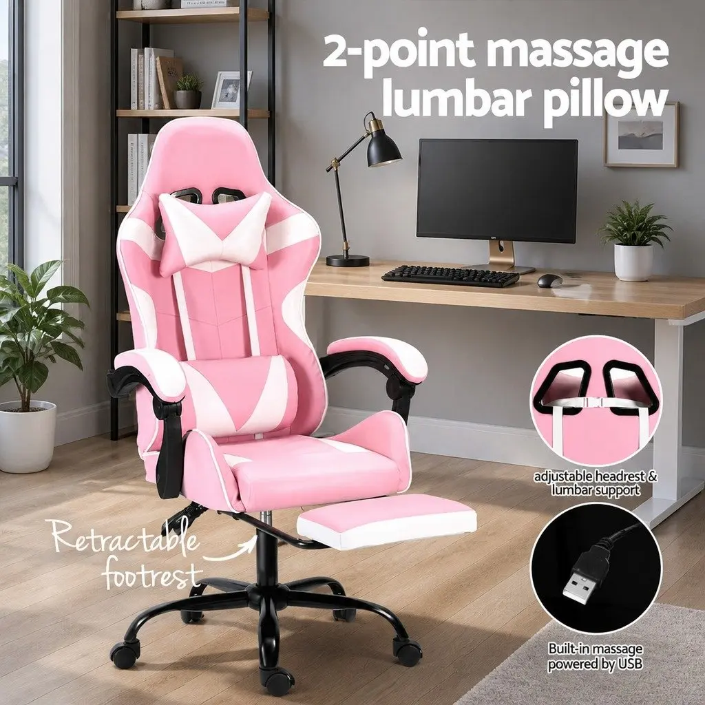 Massage Gaming Office Chair Ergonomic PVC Leather Pink or White with Footrest 2 Point Vibration Lumbar Support