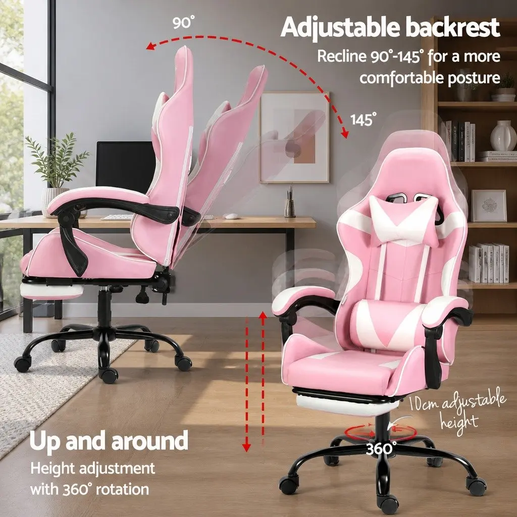 Massage Gaming Office Chair Ergonomic PVC Leather Pink or White with Footrest 2 Point Vibration Lumbar Support