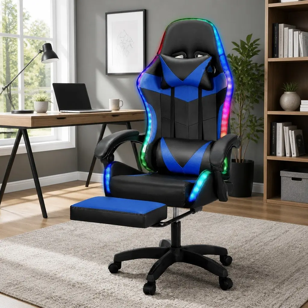 Massage Gaming Office Chair PU Leather 6 Point Vibration Adjustable Recline Retractable Footrest Blue