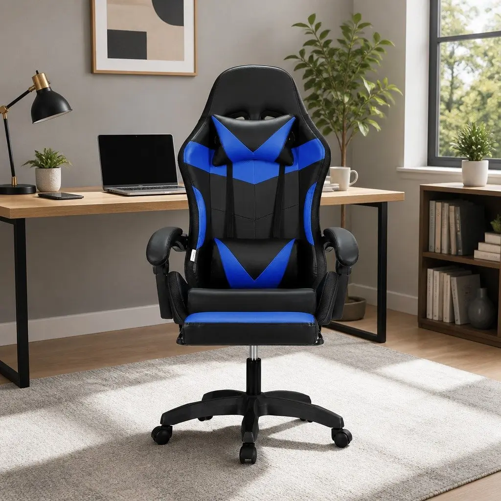 Massage Gaming Office Chair PU Leather 6 Point Vibration Adjustable Recline Retractable Footrest Blue