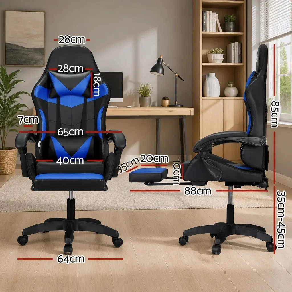 Massage Gaming Office Chair PU Leather 6 Point Vibration Adjustable Recline Retractable Footrest Blue