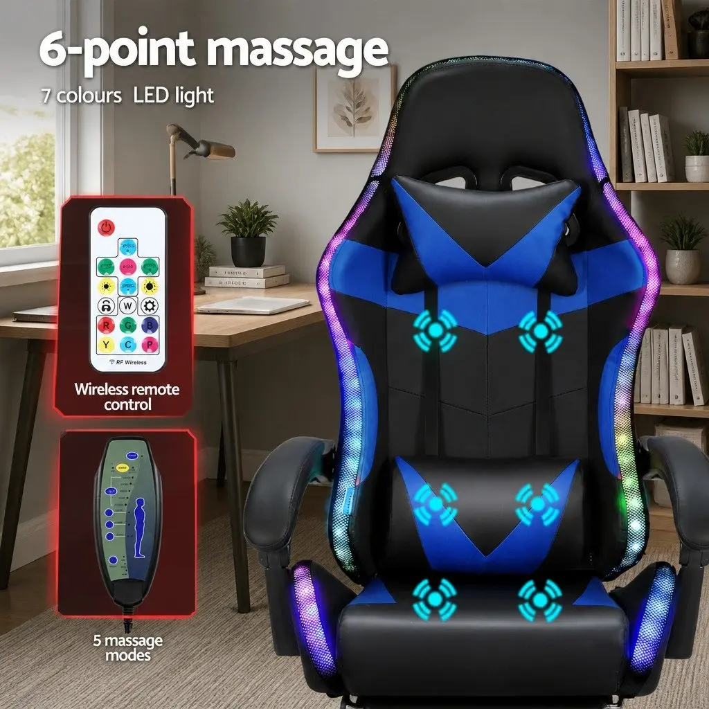 Massage Gaming Office Chair PU Leather 6 Point Vibration Adjustable Recline Retractable Footrest Blue