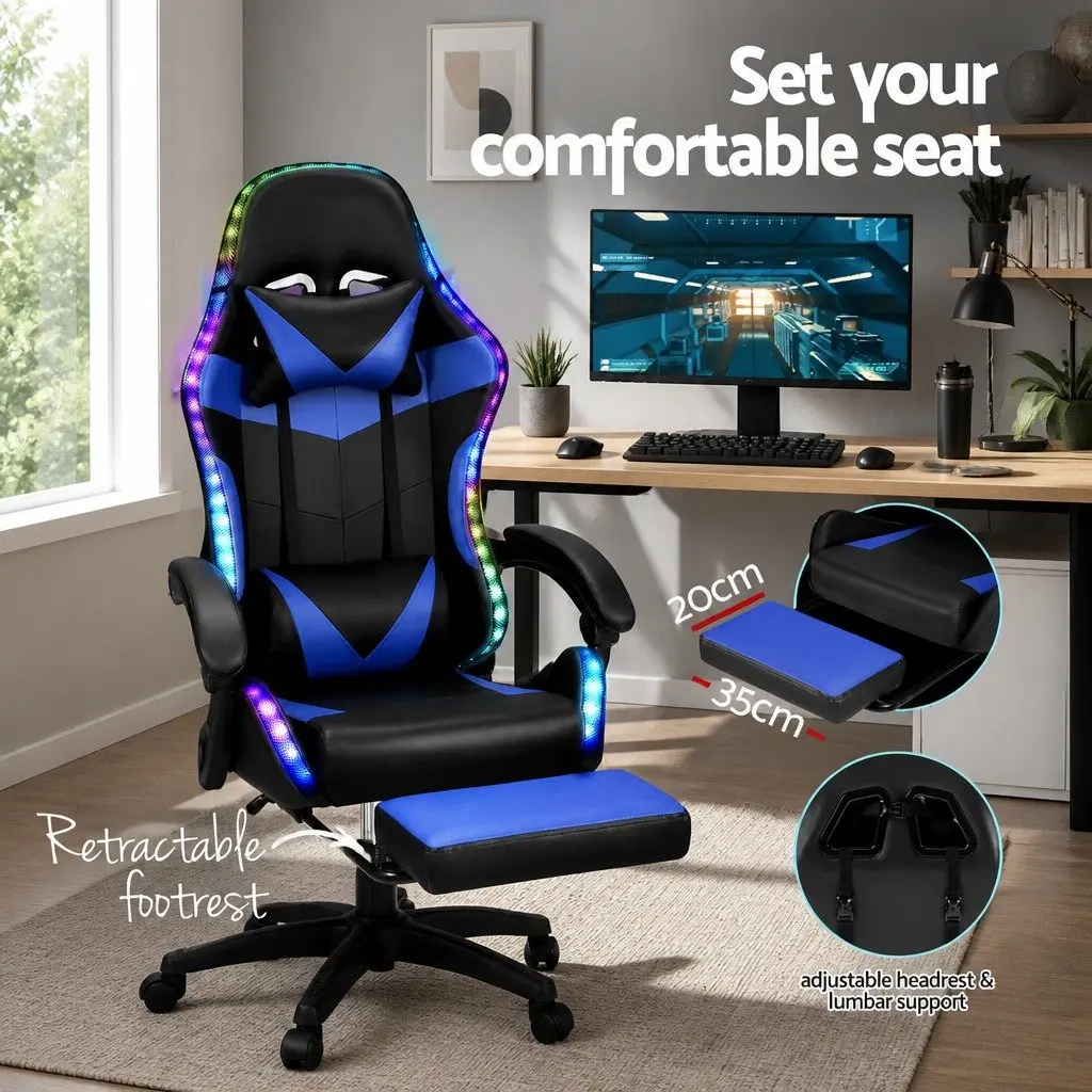 Massage Gaming Office Chair PU Leather 6 Point Vibration Adjustable Recline Retractable Footrest Blue