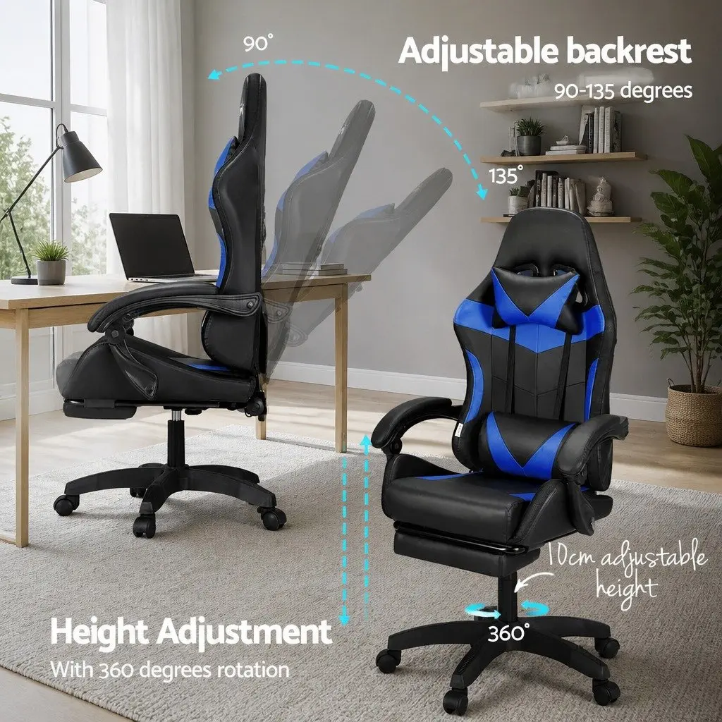 Massage Gaming Office Chair PU Leather 6 Point Vibration Adjustable Recline Retractable Footrest Blue