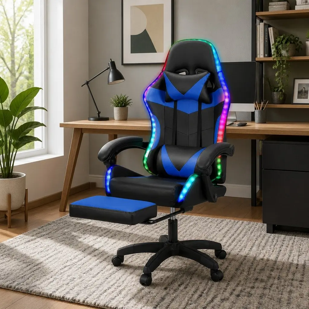 Massage Gaming Office Chair PU Leather 6 Point Vibration Adjustable Recline Retractable Footrest Blue
