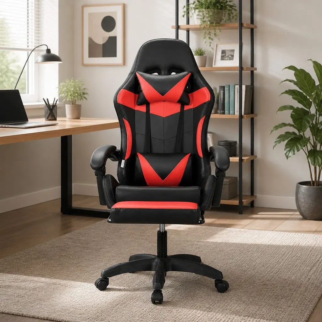 Massage Chair PU Leather Ergonomic 6 Point Vibration Adjustable Red Black