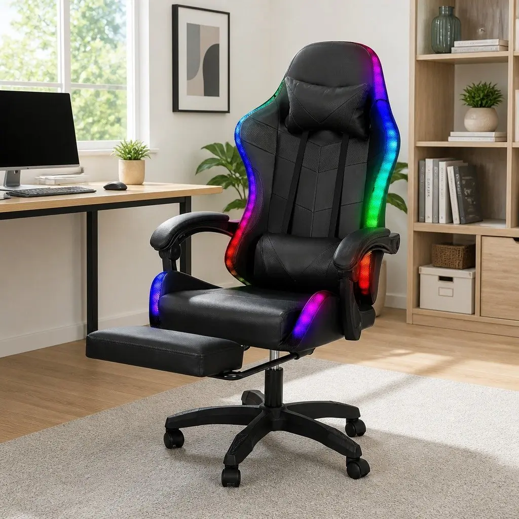 Gaming Chair Ergonomic PU Leather Black 6 Point Vibration Massage with 7 LED Footrest Recliner