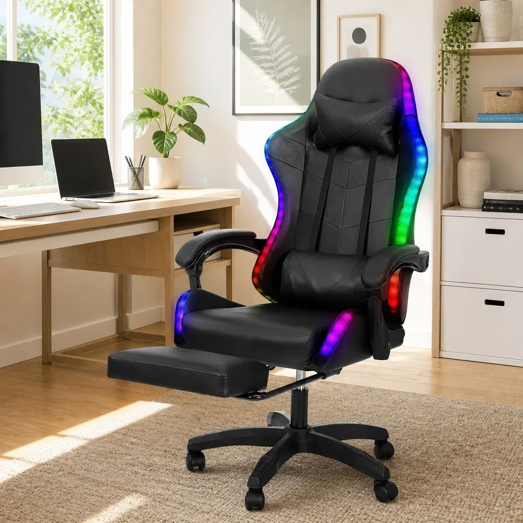 Gaming Chair Ergonomic PU Leather Black 6 Point Vibration Massage with 7 LED Footrest Recliner