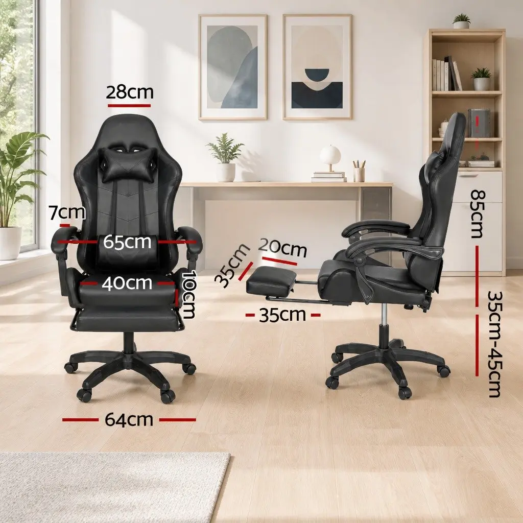 Gaming Chair Ergonomic PU Leather Black 6 Point Vibration Massage with 7 LED Footrest Recliner