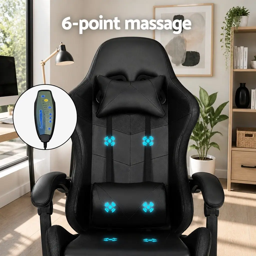 Gaming Chair Ergonomic PU Leather Black 6 Point Vibration Massage with 7 LED Footrest Recliner