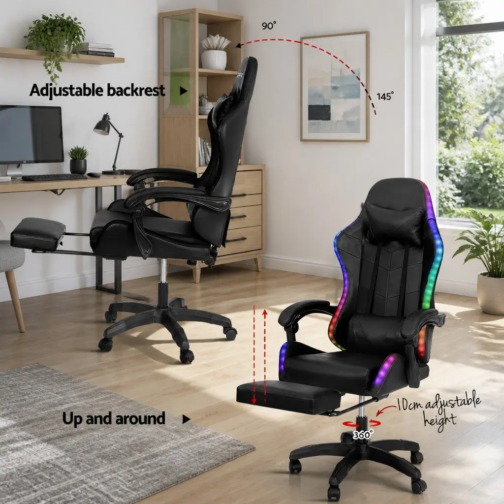 Gaming Chair Ergonomic PU Leather Black 6 Point Vibration Massage with 7 LED Footrest Recliner