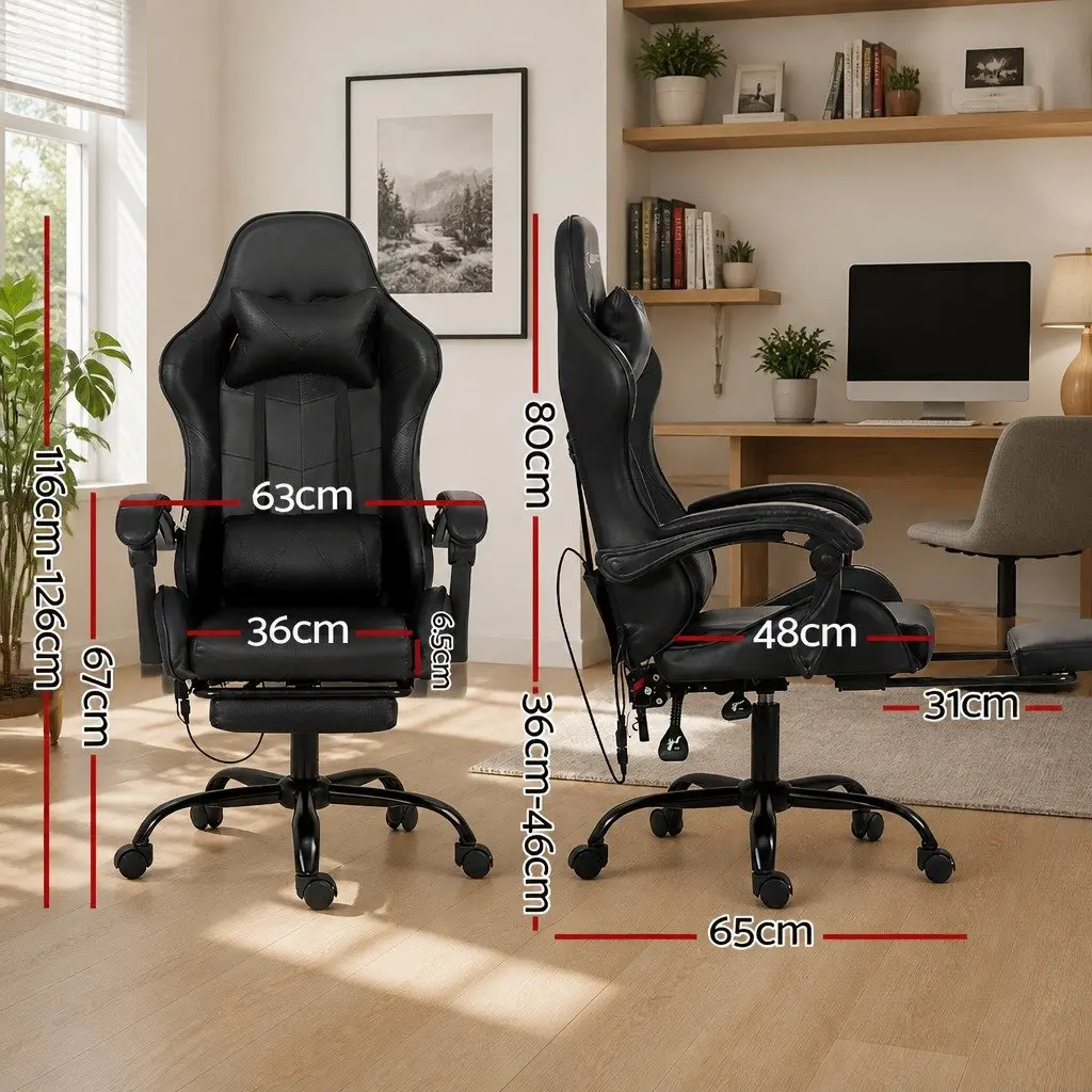Massage Gaming Office Chair 6 Point Vibration Black Ergonomic Reclining Footrest