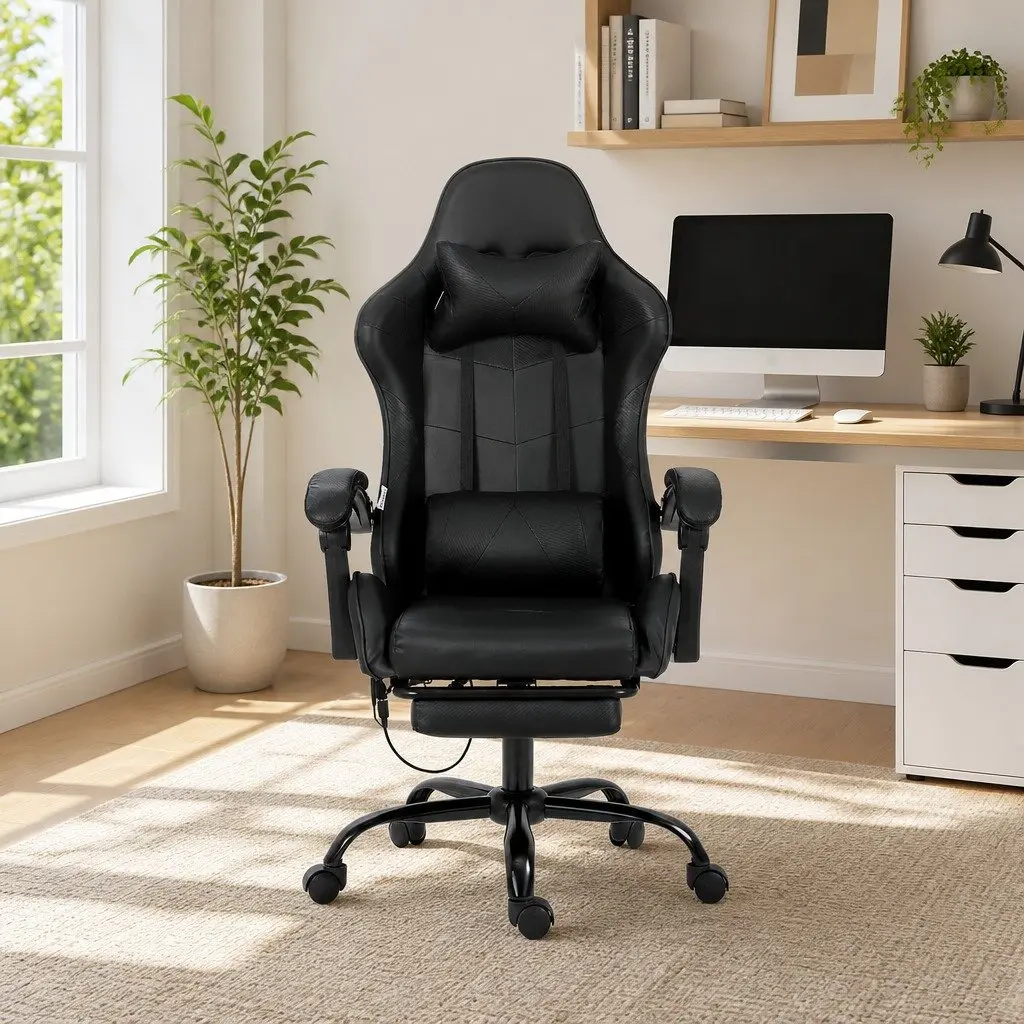 Massage Gaming Office Chair 6 Point Vibration Black Ergonomic Reclining Footrest