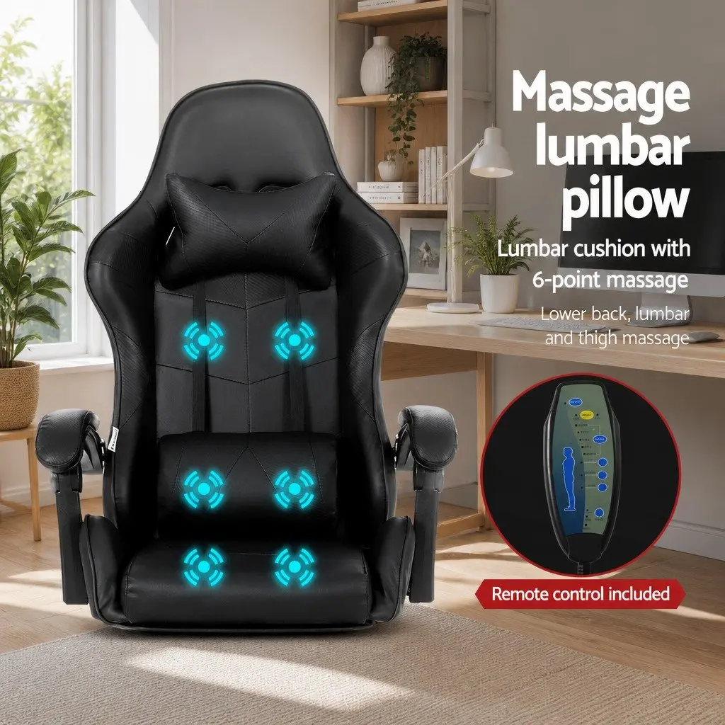 Massage Gaming Office Chair 6 Point Vibration Black Ergonomic Reclining Footrest