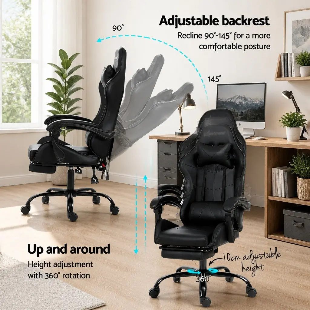Massage Gaming Office Chair 6 Point Vibration Black Ergonomic Reclining Footrest