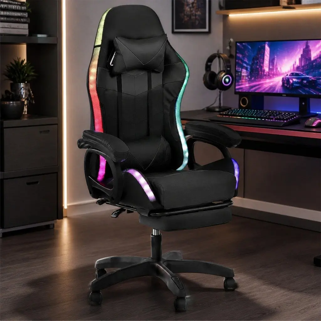 Gaming Chair Ergonomic PU Leather Black with RGB LED Lighting and Massage Footrest 135 Degree Recline