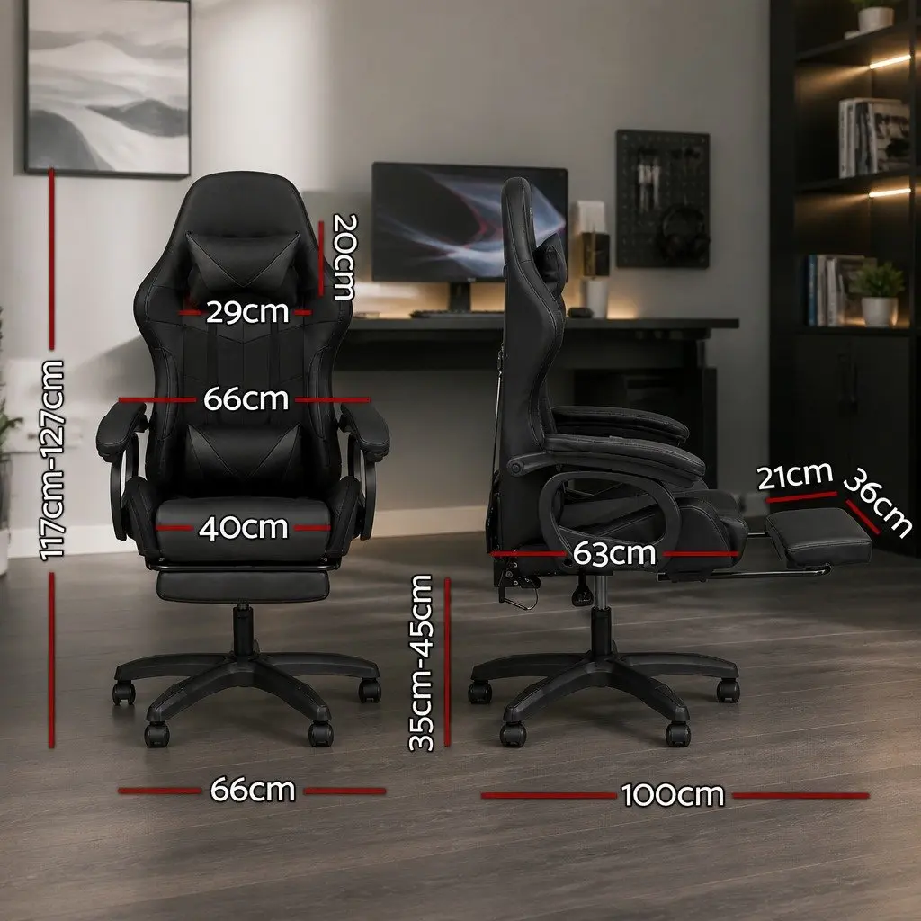 Gaming Chair Ergonomic PU Leather Black with RGB LED Lighting and Massage Footrest 135 Degree Recline