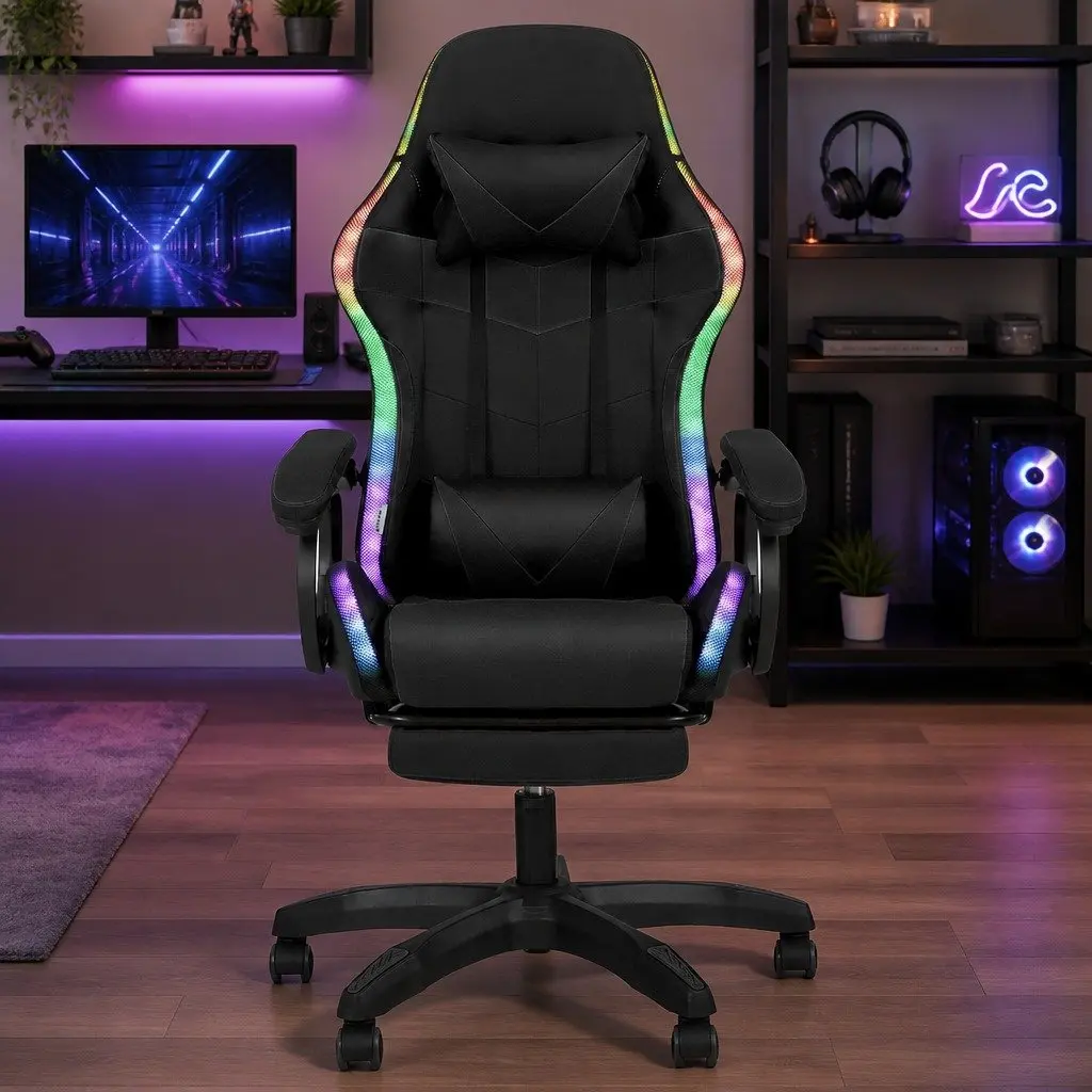 Gaming Chair Ergonomic PU Leather Black with RGB LED Lighting and Massage Footrest 135 Degree Recline