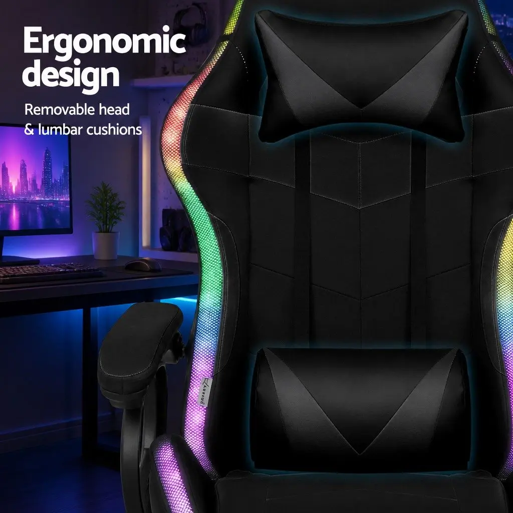 Gaming Chair Ergonomic PU Leather Black with RGB LED Lighting and Massage Footrest 135 Degree Recline