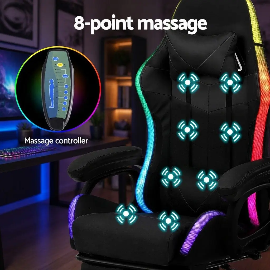 Gaming Chair Ergonomic PU Leather Black with RGB LED Lighting and Massage Footrest 135 Degree Recline