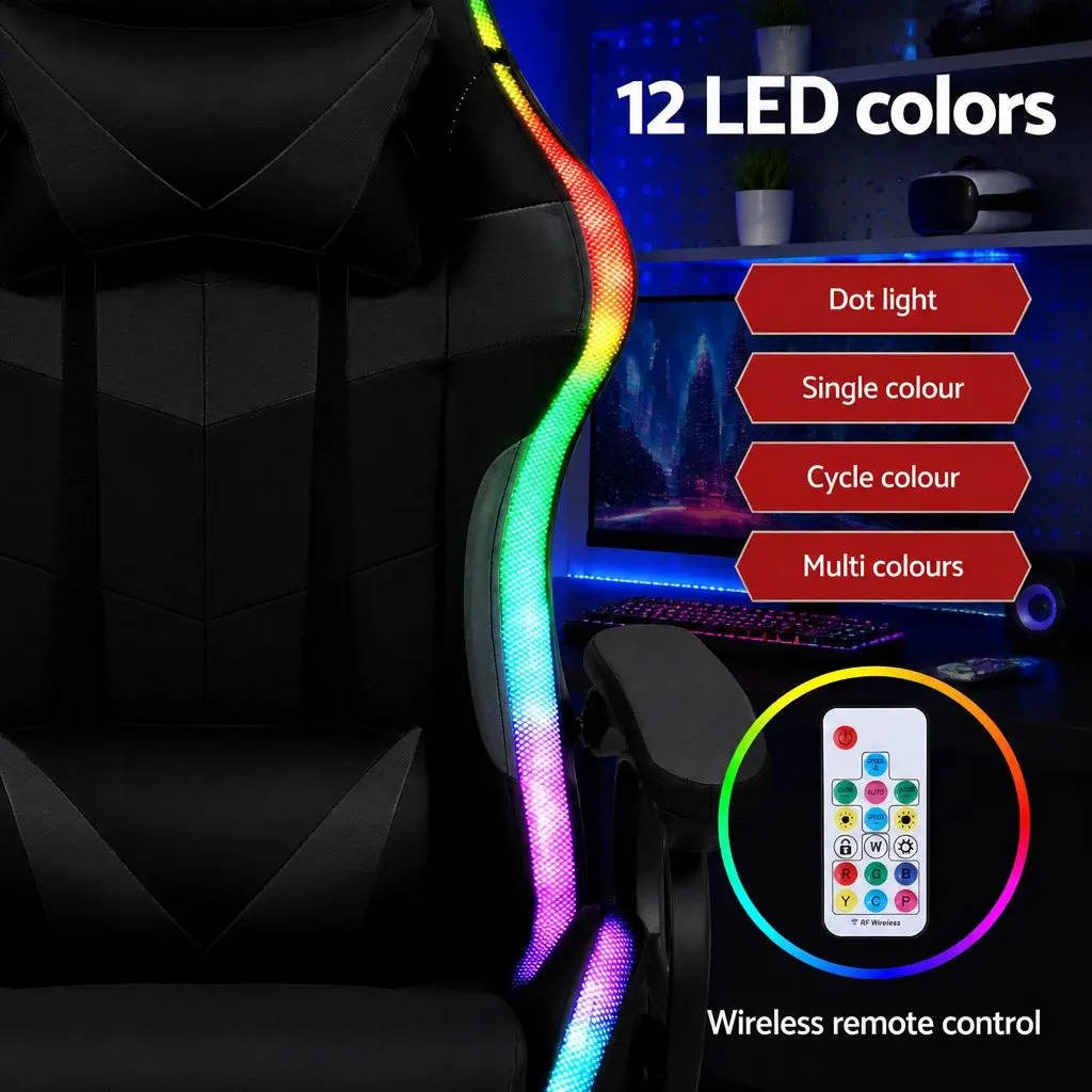 Gaming Chair Ergonomic PU Leather Black with RGB LED Lighting and Massage Footrest 135 Degree Recline