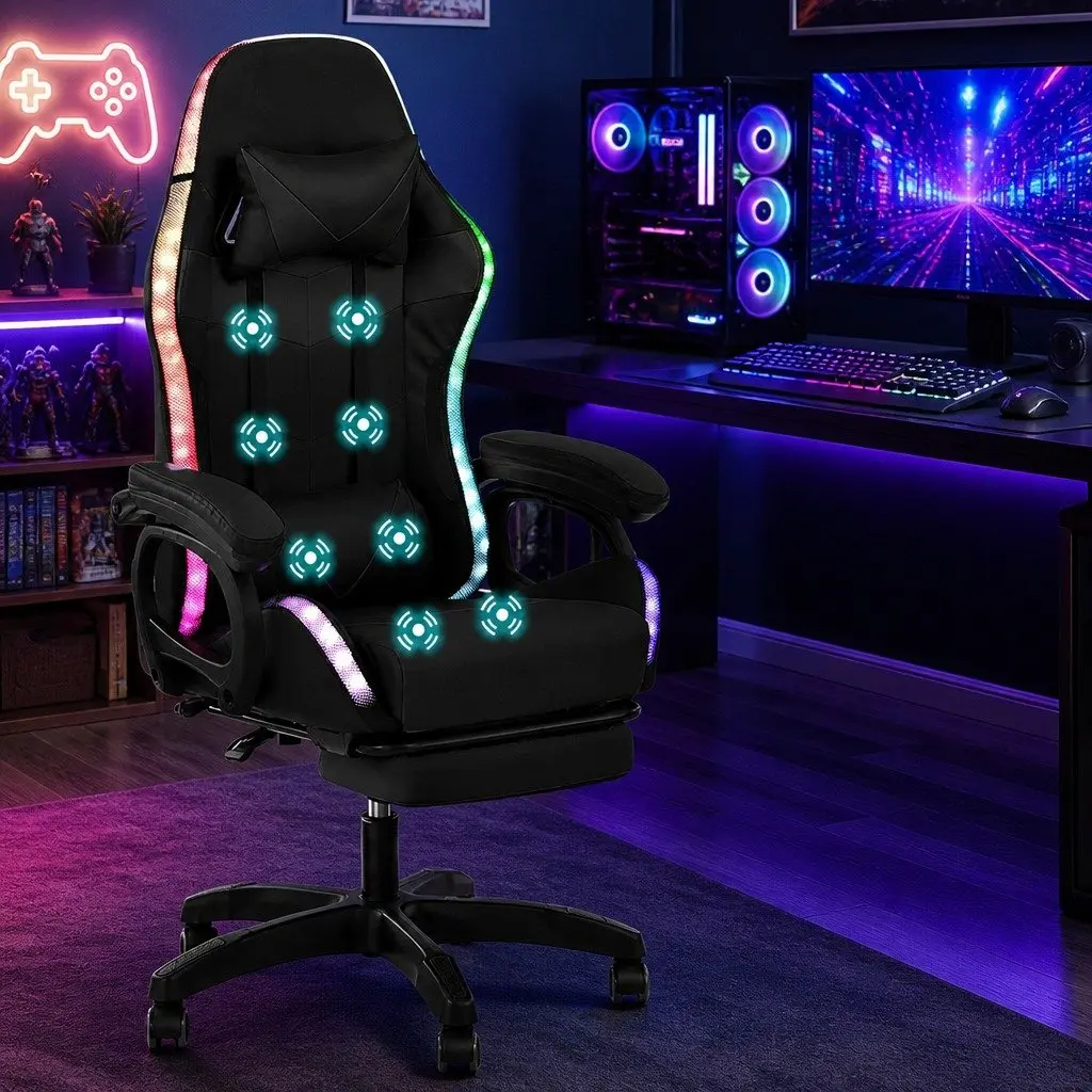 Gaming Chair Ergonomic PU Leather Black with RGB LED Lighting and Massage Footrest 135 Degree Recline