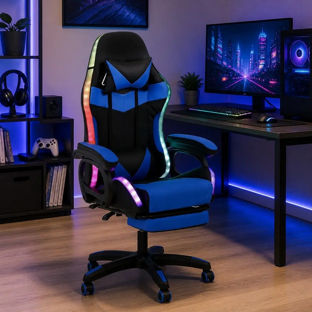 Gaming Office Chair Ergonomic PU Leather 66 x 66 x 117-127cm Blue Black