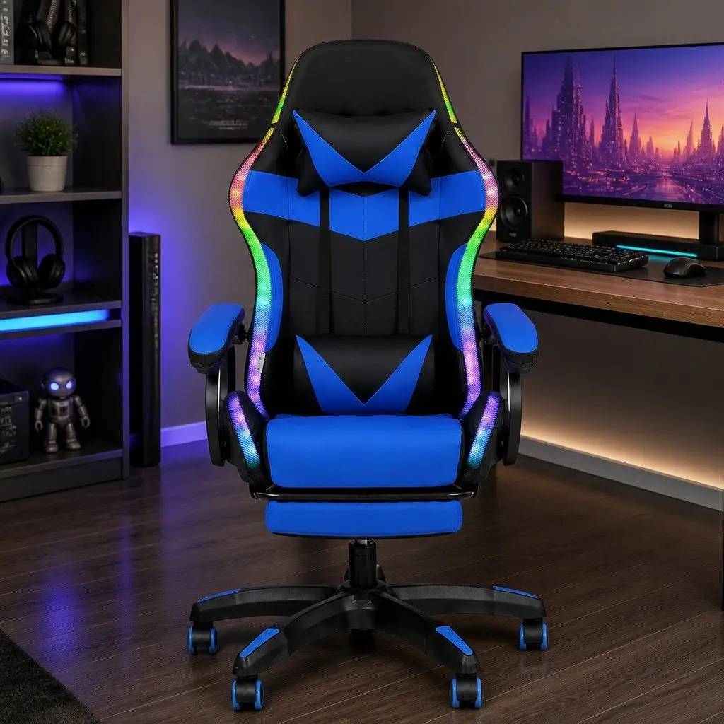 Gaming Office Chair Ergonomic PU Leather 66 x 66 x 117-127cm Blue Black