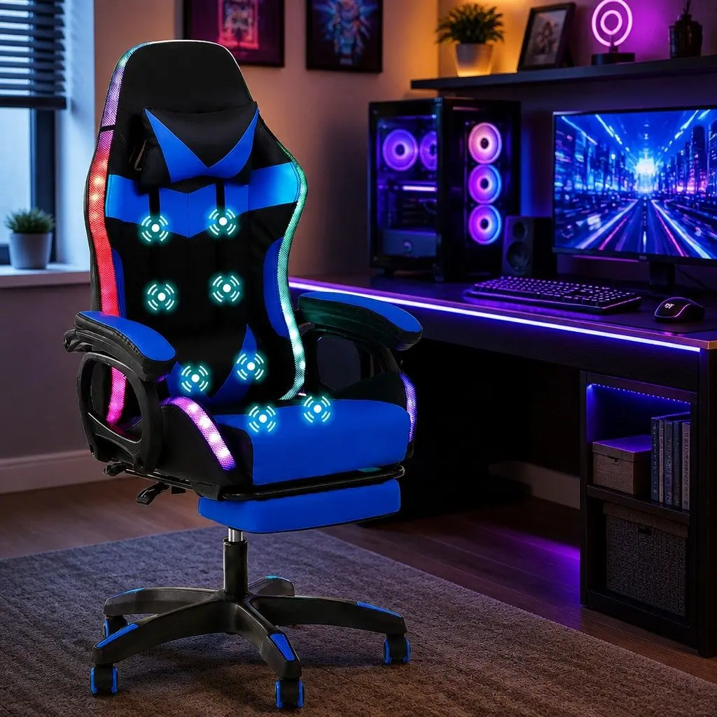 Gaming Office Chair Ergonomic PU Leather 66 x 66 x 117-127cm Blue Black