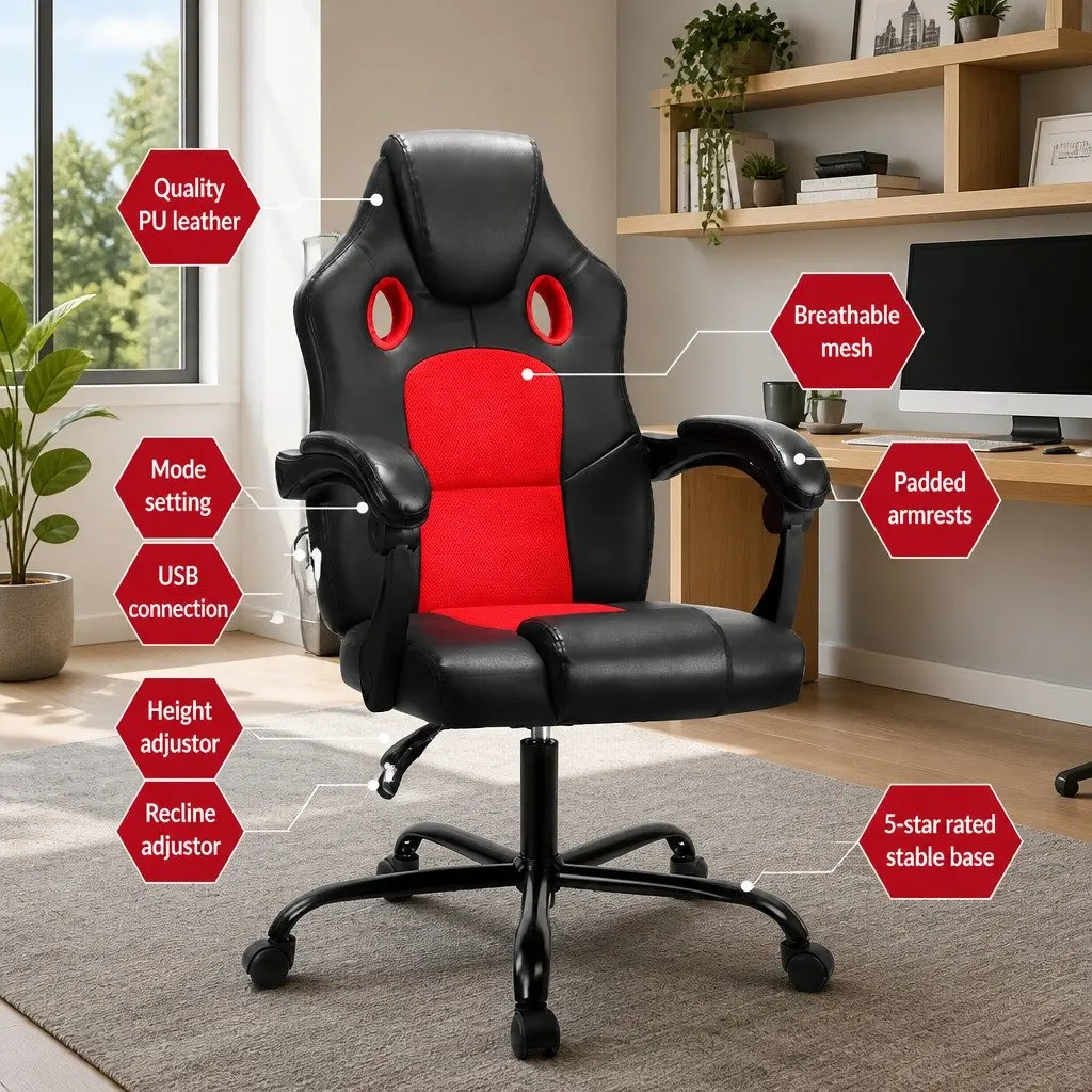 Massage Chair PU Leather High Back 2-Zone Vibration Black or Red