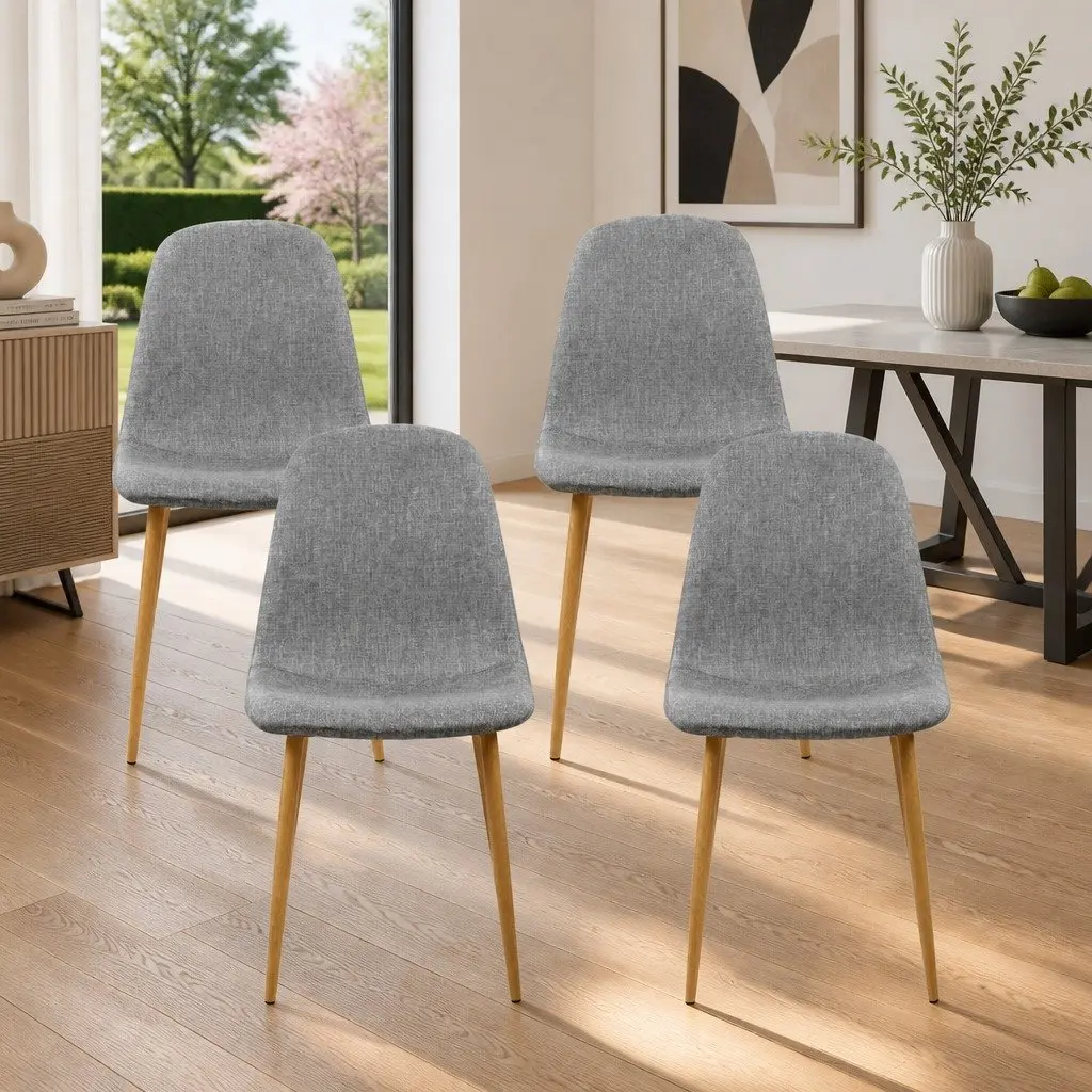 Dining Chairs Faux Linen Fabric Light Grey Set of 4 Iron Legs