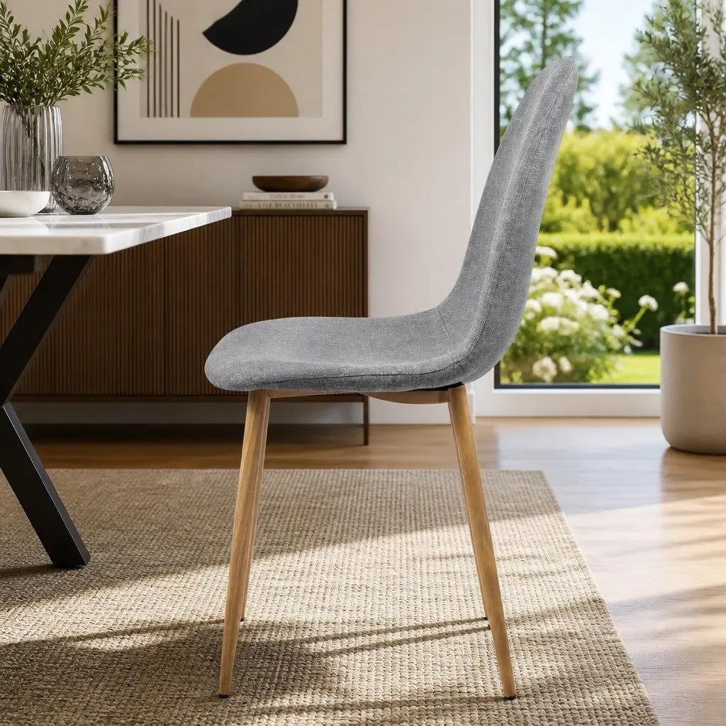 Dining Chairs Faux Linen Fabric Light Grey Set of 4 Iron Legs