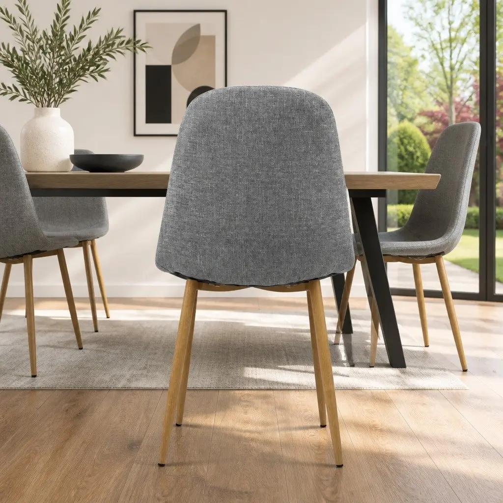 Dining Chairs Faux Linen Fabric Light Grey Set of 4 Iron Legs
