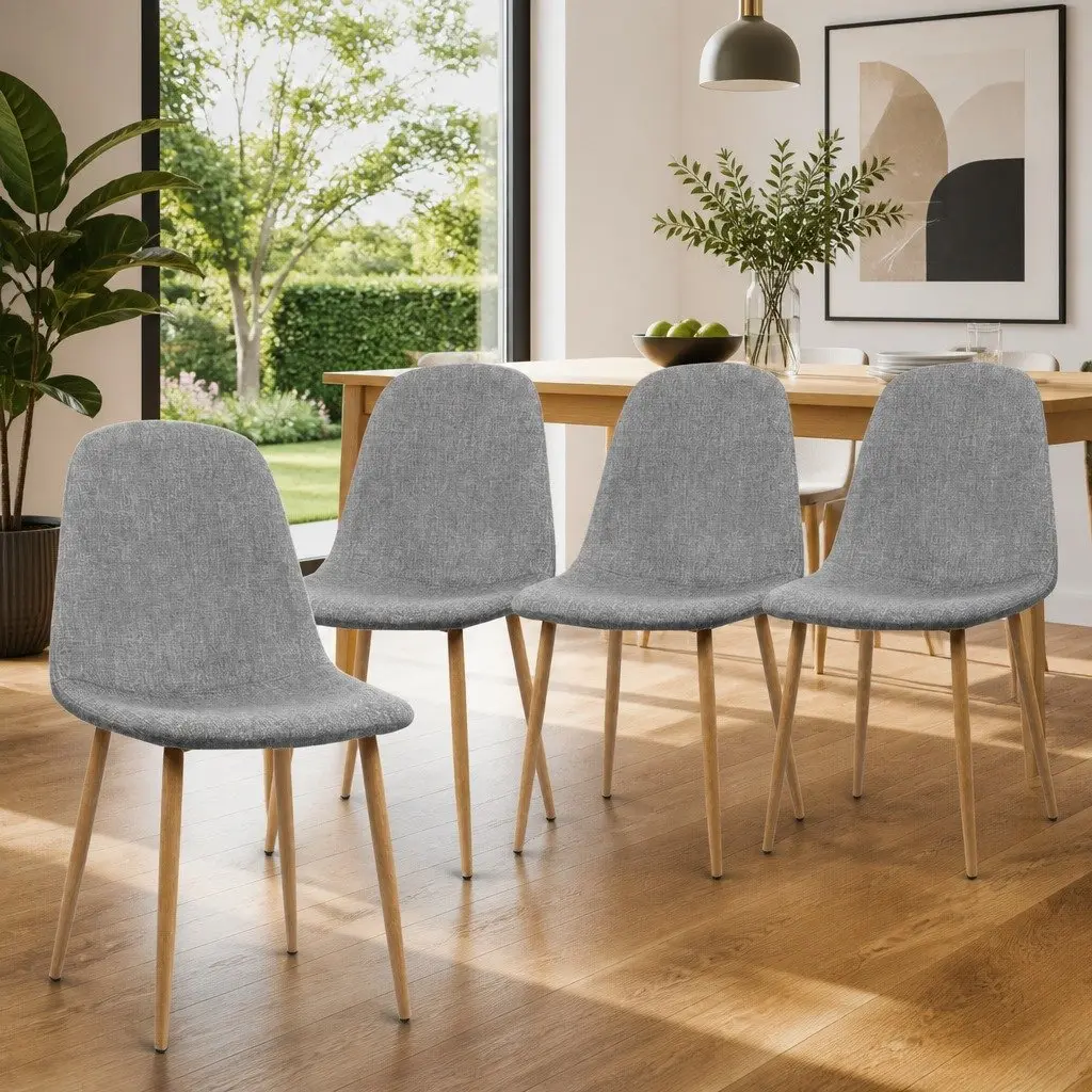 Dining Chairs Faux Linen Fabric Light Grey Set of 4 Iron Legs