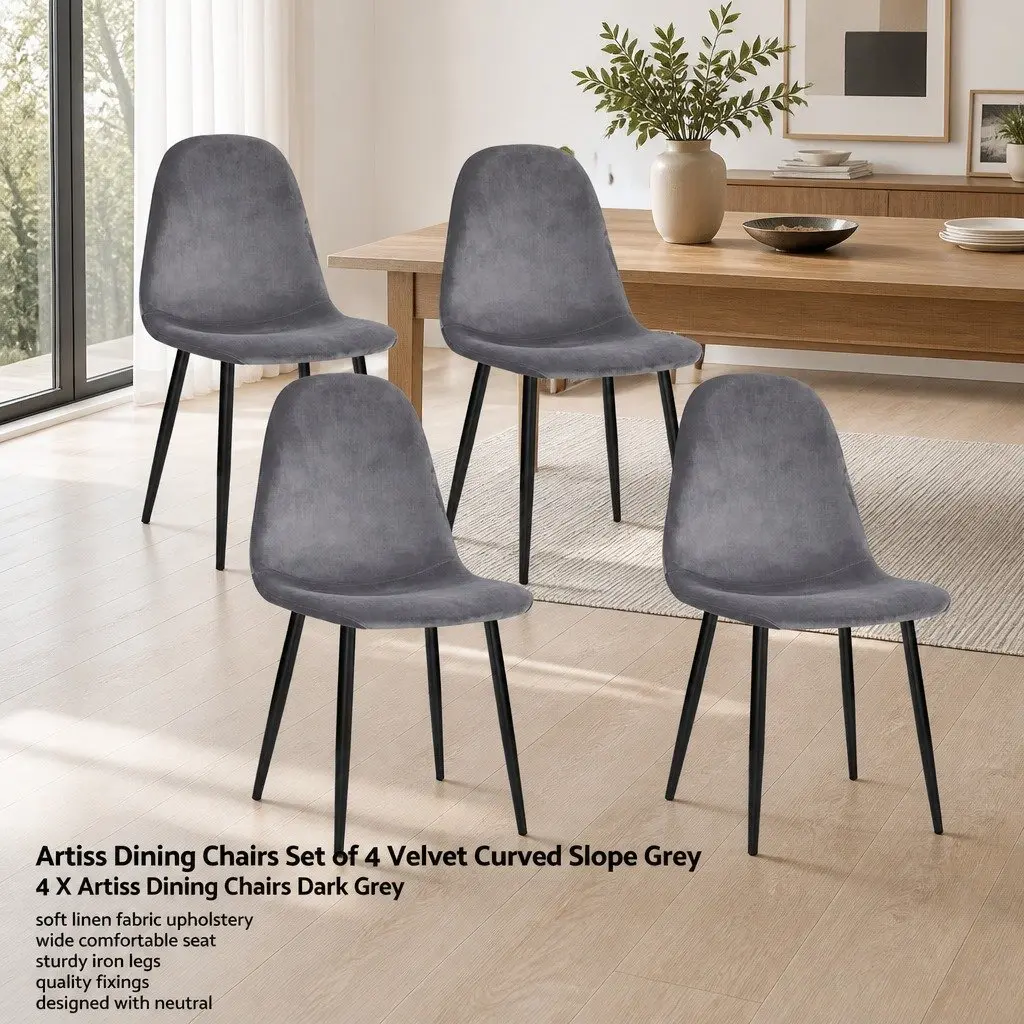Dining Chairs Velvet Dark Grey Curved Slope Seat Set of 4