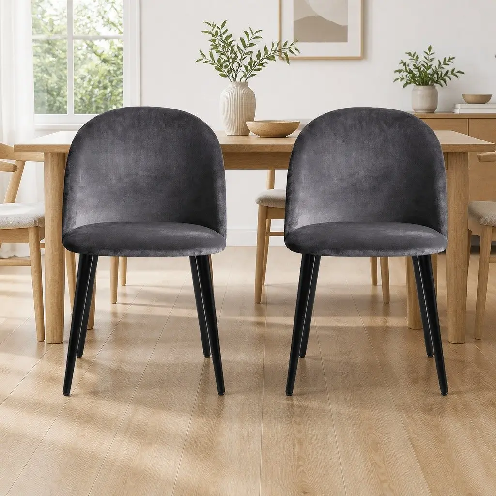 Dining Chairs Velvet Curved Seat Dark Grey Iron Legs 2 Piece