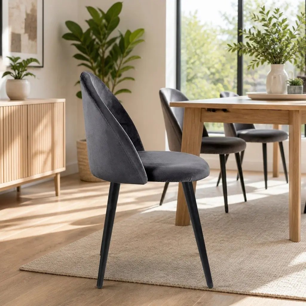 Dining Chairs Velvet Curved Seat Dark Grey Iron Legs 2 Piece