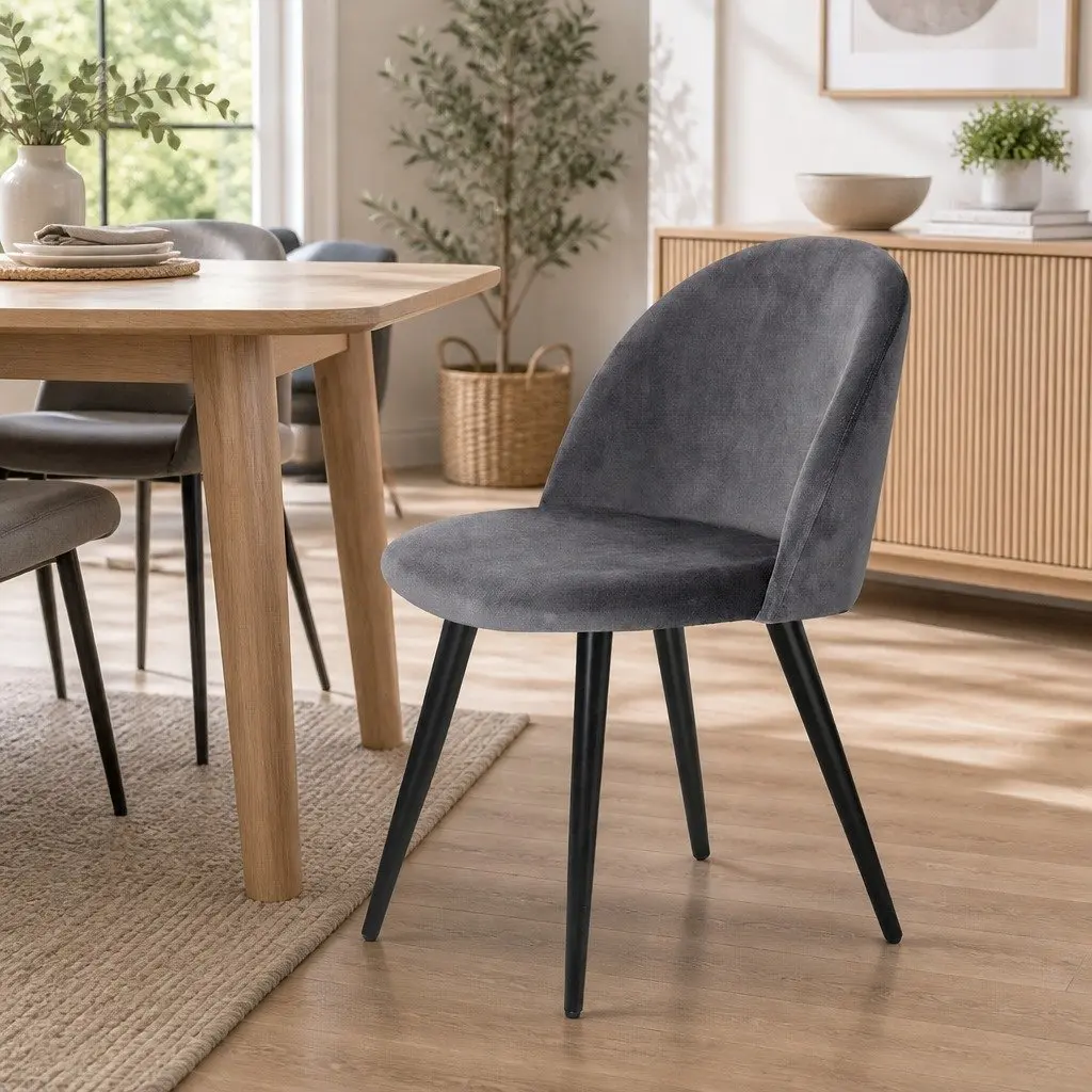 Dining Chairs Velvet Curved Seat Dark Grey Iron Legs 2 Piece