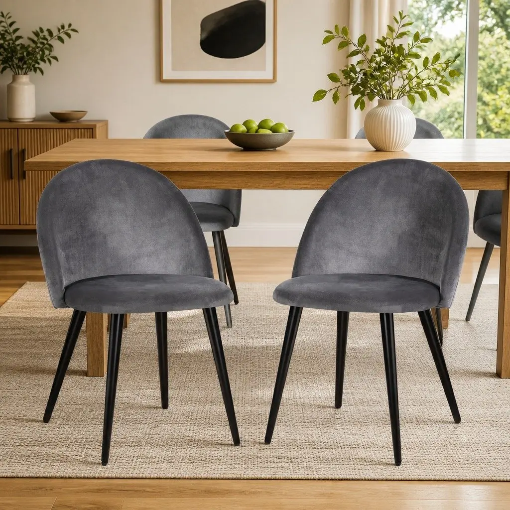 Dining Chairs Velvet Curved Seat Dark Grey Iron Legs 2 Piece