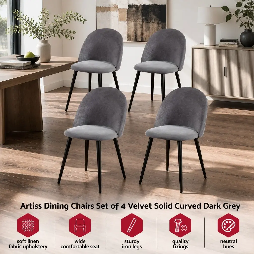 Dining Chairs Set of 4 Velvet Curved Seat Wide Comfortable Iron Legs Black