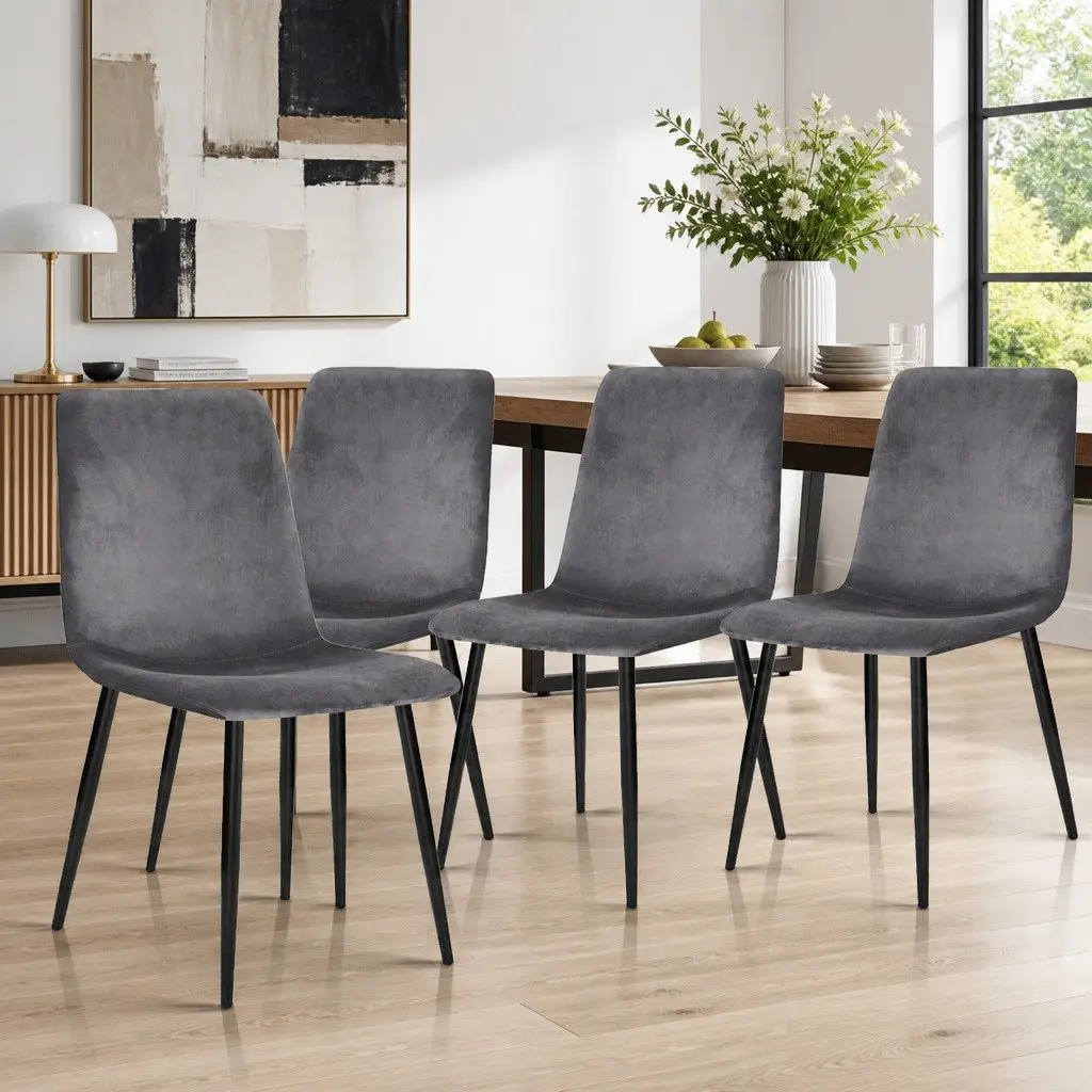 Dining Chairs Velvet Iron Frame 45cm W x 42cm D x 86cm H Dark Grey Set of 4