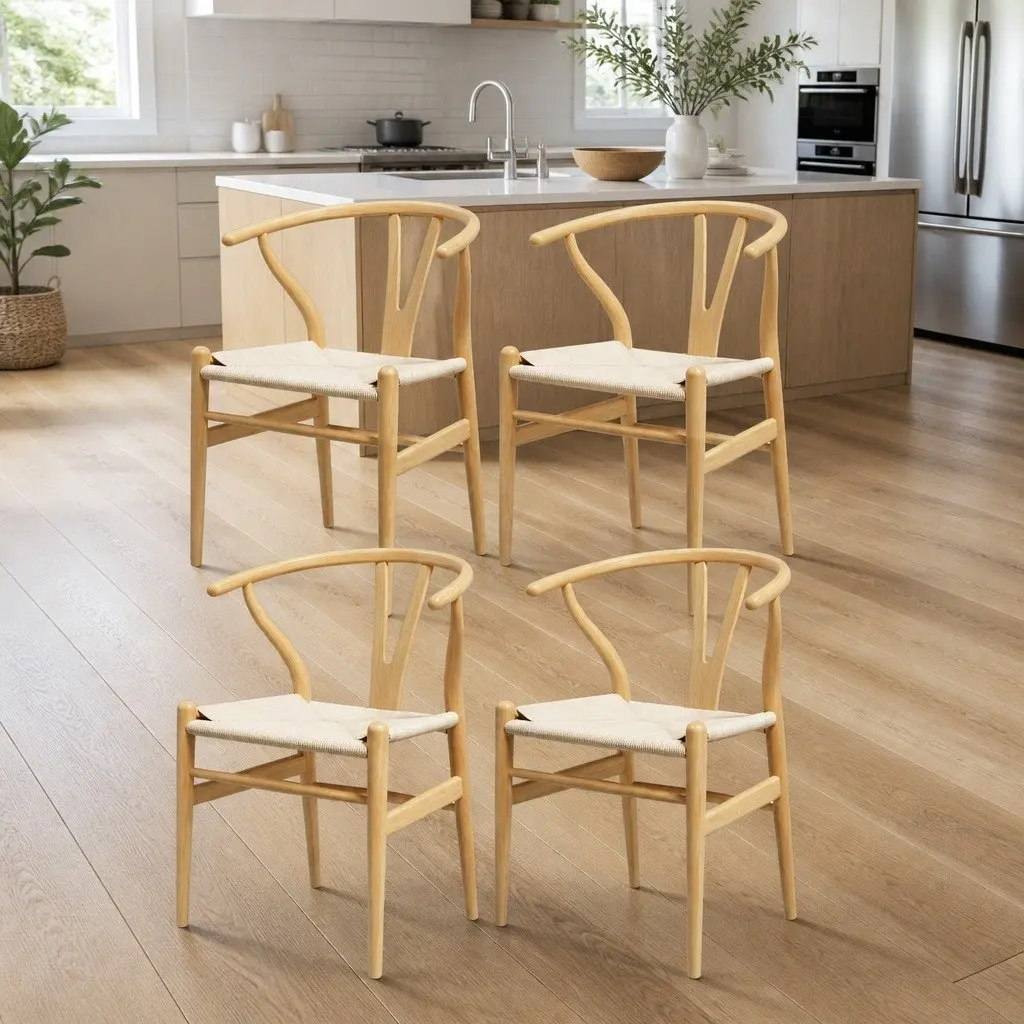Dining Chairs Set of 4 Wooden Frame Wishbone Back Kitchen Seating Natural Oak