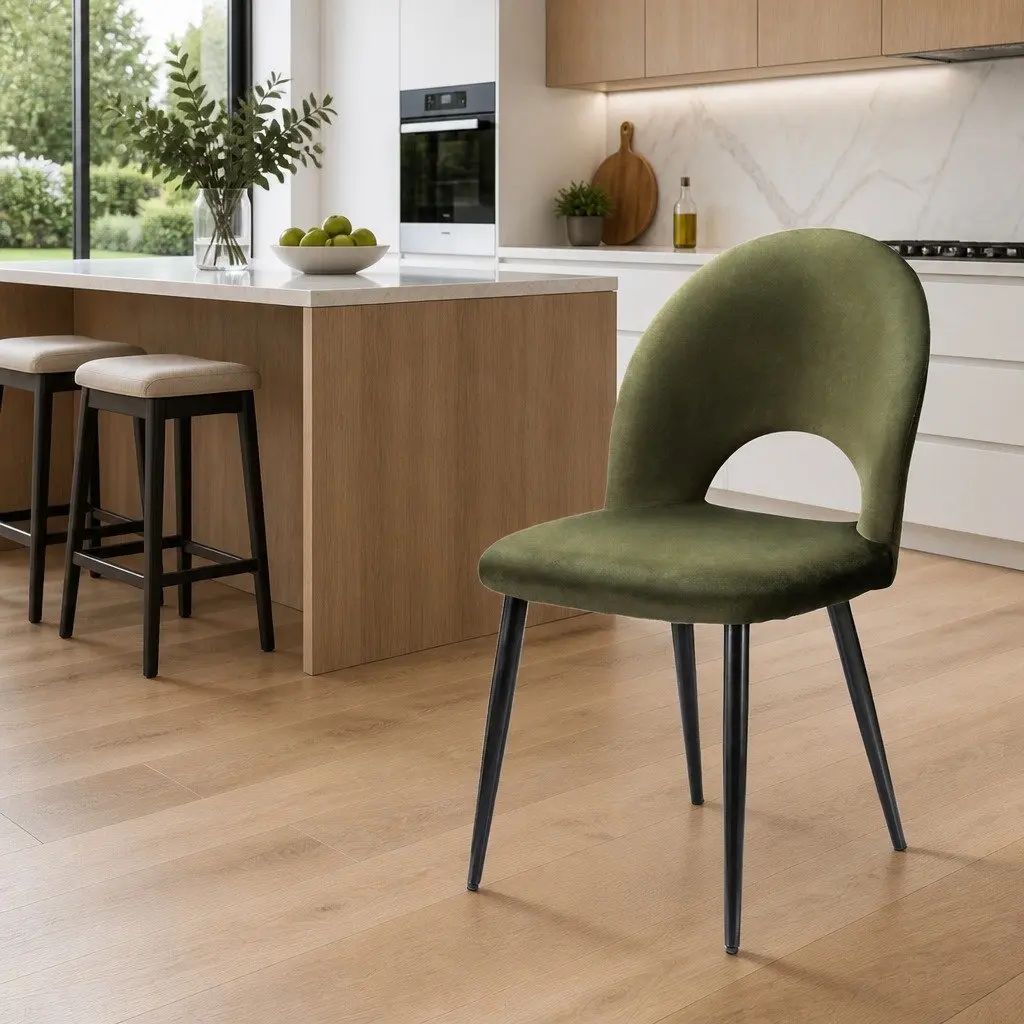 Set of 2 Plywood Frame Dining Chairs Velvet Upholstery Green Padded Seat